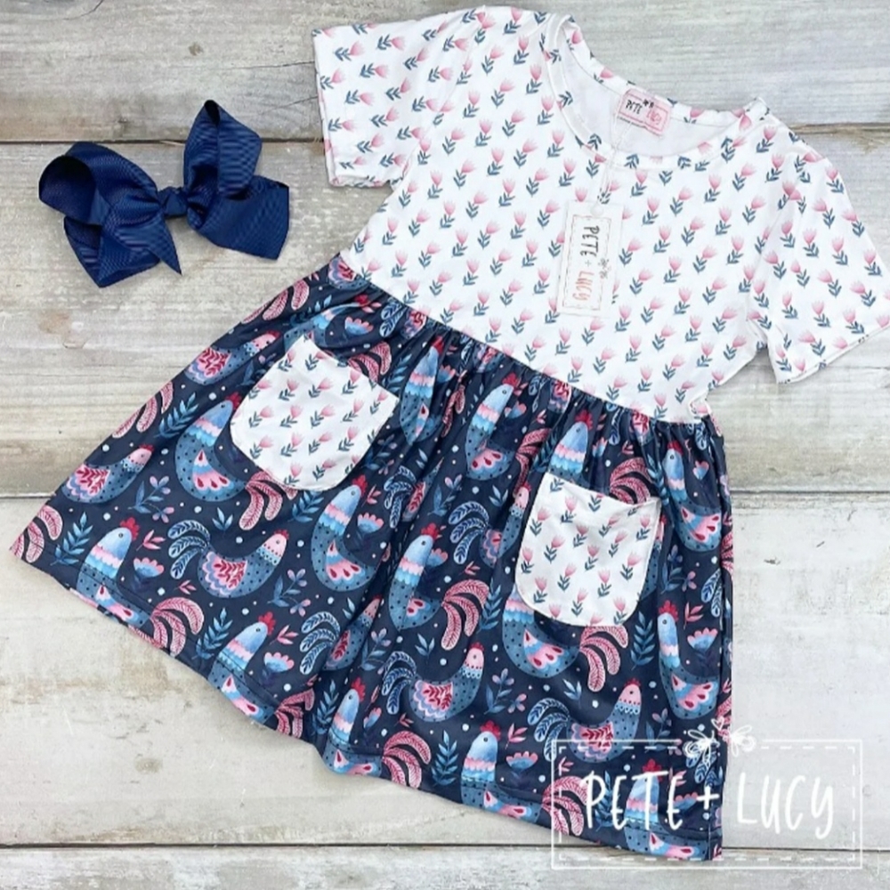Short sleeve dress Pete+Lucy chickens pockets girls dress cluck cluck cutie